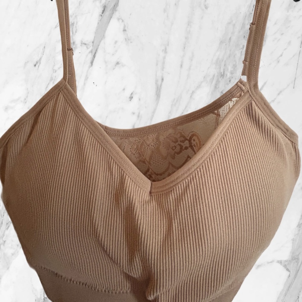 🇺🇸🆕 NWOT TAHARI | XL | TAN Seemless Bralette Lace back V-Neck - Picture 12 of 16
